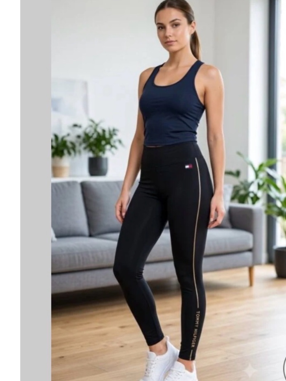 NWT Tommy Hilfiger Black Leggings with Gold Accent cotton 90% Elastane 10%